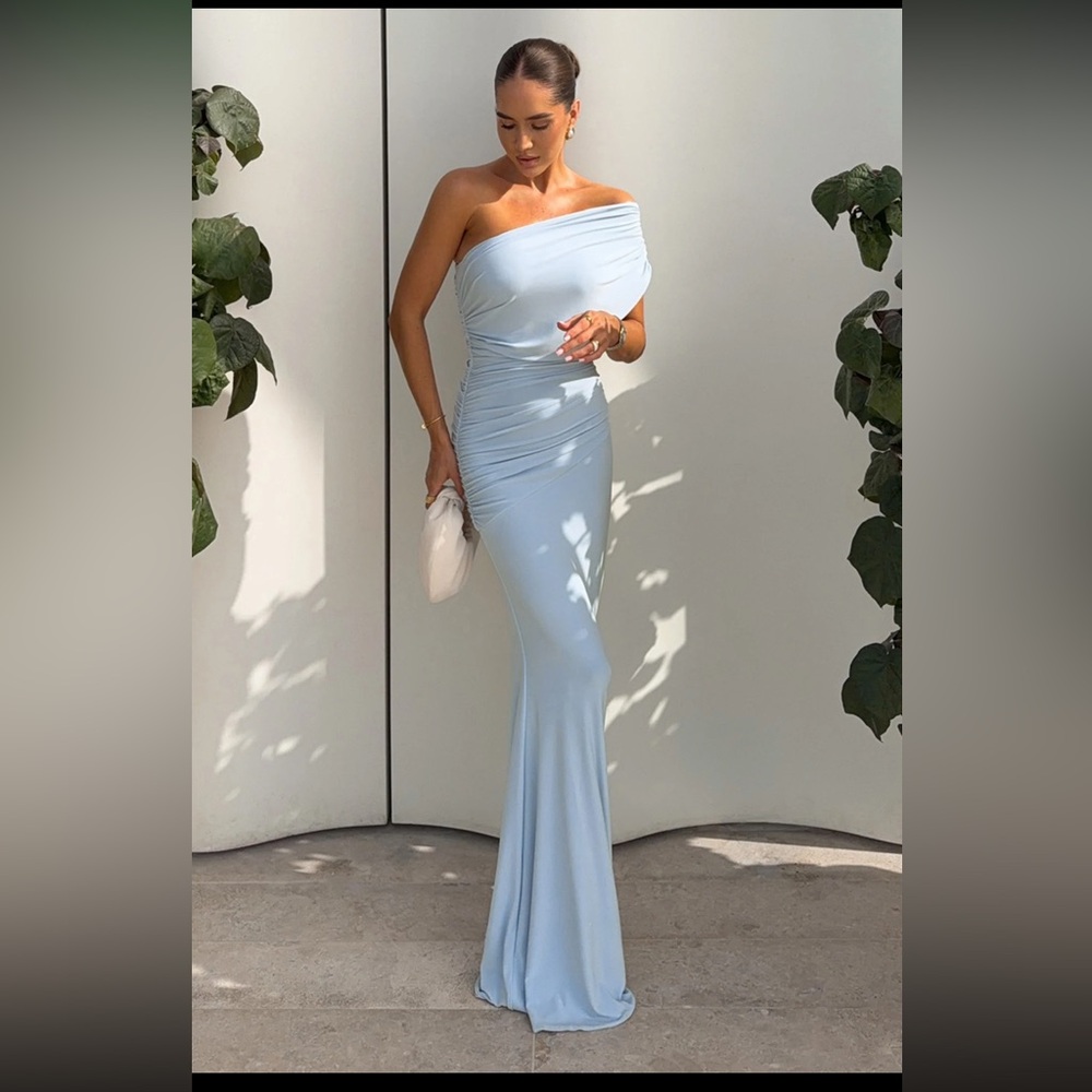Mardi | Powder Blue Asymmetric Maxi Dress with Ruching (size 4) NWT